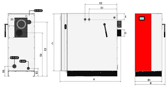 MARELI SYSTEM / CALDAIA LEGNA LCG LAMBDA - Lo schema rappresenta la caldaia vista su tre lati: posteriormente, lato destro e frontalmente. Nella tabella di fianco sono riportate le misure in mm, identificate dalle lettere maiuscole, degli ingombri e dei vari attacchi a seconda del modello di caldaia.