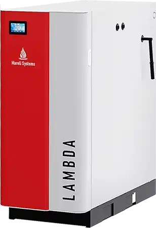 MARELI SYSTEM / CALDAIA LEGNA LCG LAMBDA – Lo schema rappresenta esteticamente la caldaia nel suo insieme. Nella tabella di fianco sono riportati i principali dati tecnici dei vari modelli, nelle ultime quattro righe sono elencate le varie certificazioni di cui si avvale la caldaia.